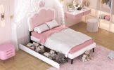 Twin Size Upholstered Princess Bed With Crown Headboard and 2 Drawers,Twin Size Platform Bed with Headboard and Footboard, Pink+White