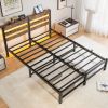 Queen Size Metal Bed Frame with Wooden Headboard, RGB Lights,Charger, Storage Shelf, Noise-Free, No Box Spring Needed,Rustic Brown