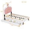 Twin Size Upholstered Princess Bed With Crown Headboard and 2 Drawers,Twin Size Platform Bed with Headboard and Footboard, Pink+White