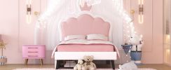 Twin Size Upholstered Princess Bed With Crown Headboard and 2 Drawers,Twin Size Platform Bed with Headboard and Footboard, Pink+White