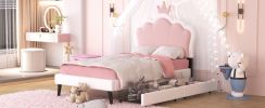 Twin Size Upholstered Princess Bed With Crown Headboard and 2 Drawers,Twin Size Platform Bed with Headboard and Footboard, Pink+White