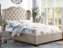 Modern Traditional Beige Upholstered Queen Bed Button-Tufted Wing Back Headboard Design Nailhead Trim Wooden Bedroom Furniture 1pc