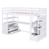 Twin Size Loft Bed with Desk and Shelves, Two Built-in Drawers, Storage Staircase, White