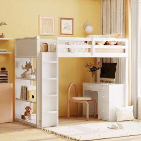 Twin Size Loft Bed with Ladder;  Shelves;  and Desk (Color: White)