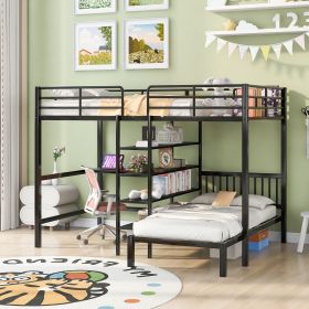 Full Over Twin Metal Bunk Bed with Built-in Desk, Shelves and Ladder, (Color: Black)