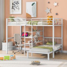 Full Over Twin Metal Bunk Bed with Built-in Desk, Shelves and Ladder, (Color: White)