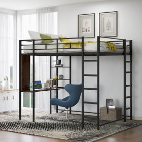 Full Size Metal Loft Bed with 2 Shelves and one Desk (Color: Black)