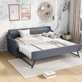 Twin Size Upholstery DayBed with Trundle and USB Charging Design; Trundle can be flat or erected (Color: Gray)