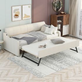 Twin Size Upholstery DayBed with Trundle and USB Charging Design; Trundle can be flat or erected (Color: Beige)