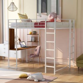 Full Size Metal Loft Bed with 2 Shelves and one Desk (Color: White)