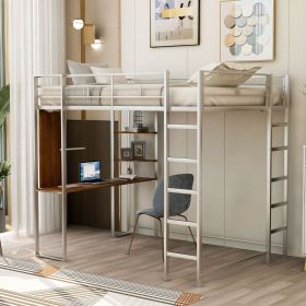 Full Size Metal Loft Bed with 2 Shelves and one Desk (Color: Silver)