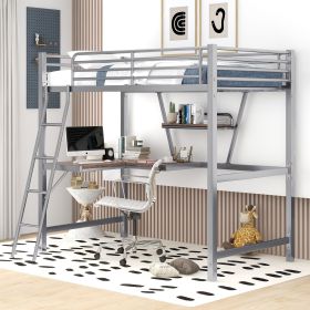 Twin Size Loft Metal&MDF Bed with Desk and Shelf (Color: Silver)