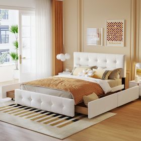 Upholstered Platform Bed with Classic Headboard and 4 Drawers;  No Box Spring Needed;  Linen Fabric;  Queen Size (Color: White)