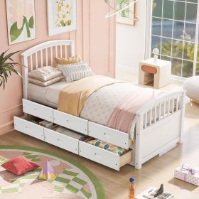 Twin Size Platform Storage Bed Solid Wood Bed with 6 Drawers (Color: White)